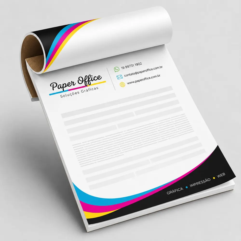 Bloco de papel timbrado A4 com identidade visual da Paper Office, impresso e colado