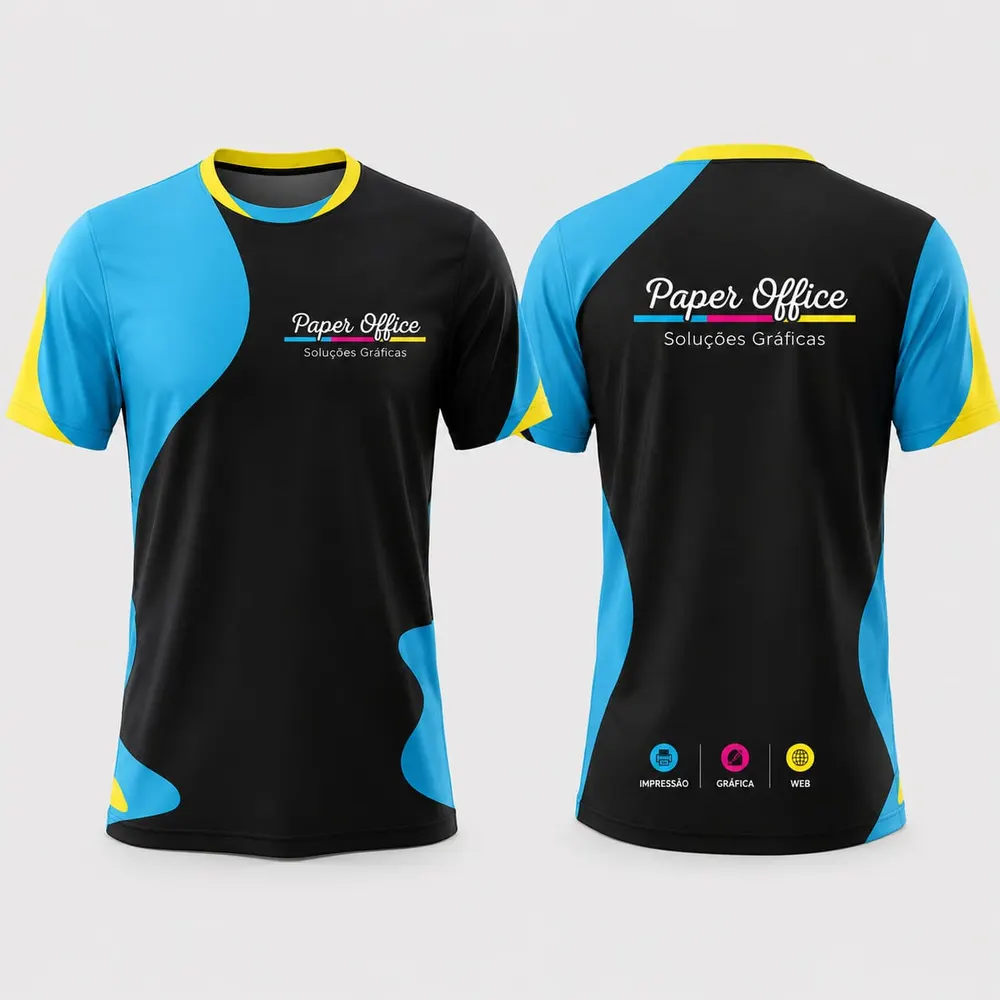 Camisetas de uniforme personalizadas em sublimação, vistas de frente e de costas, produzidas pela Paper Office